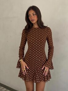 Siren Gaze Fall Stand Collar Long Sleeve Split Brown Polka Dot Fitted Mini Dress, Fashionable For Autumn Night Out Elegant Fall Party Ruffle Hem Halloween Y2k - Brown - View 10