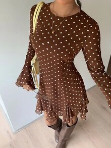 Siren Gaze Fall Stand Collar Long Sleeve Split Brown Polka Dot Fitted Mini Dress, Fashionable For Autumn Night Out Elegant Fall Party Ruffle Hem Halloween Y2k - Brown - View 3