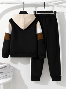SHEIN Vacaura 大童男款抓絨內裡拼色連帽衛衣與慢跑長褲套裝，保暖套頭連帽運動服秋冬款 - 卡其色 - 查看 3