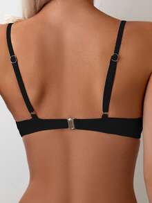 SHEIN Swim Summer Beach Solid Color Spaghetti Straps Bikini Top With 3d Floral Decor - Black - View 2