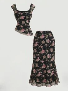 Skyraze Pink And Black Bow Two Pieces Set,Summer Modest Picnic Asymmetric Hem Top & Low-Waist Mermaid Skirt,Cute Sweet Outfit For Vacation,Party,Prom - Black - View 10