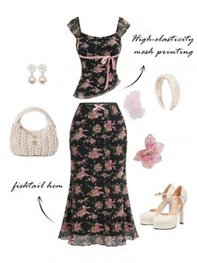 Skyraze Pink And Black Bow Two Pieces Set,Summer Modest Picnic Asymmetric Hem Top & Low-Waist Mermaid Skirt,Cute Sweet Outfit For Vacation,Party,Prom - Black - View 2