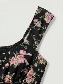 Skyraze Pink And Black Bow Two Pieces Set,Summer Modest Picnic Asymmetric Hem Top & Low-Waist Mermaid Skirt,Cute Sweet Outfit For Vacation,Party,Prom - Black - View 4