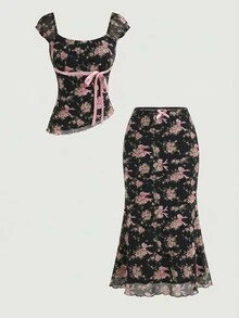 Skyraze Pink And Black Bow Two Pieces Set,Summer Modest Picnic Asymmetric Hem Top & Low-Waist Mermaid Skirt,Cute Sweet Outfit For Vacation,Party,Prom - Black - View 9
