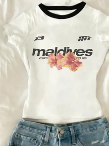 SHEIN 少女英文印花短袖T恤，休闲舒适，适合户外、运动、野餐、街头摄影、度假等场合，也是一份贴心的礼物。 - 白色 - 查看 4