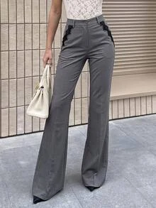 Siren Gaze New Lace Patchwork Commuter Trousers For Women - Grey - View 8