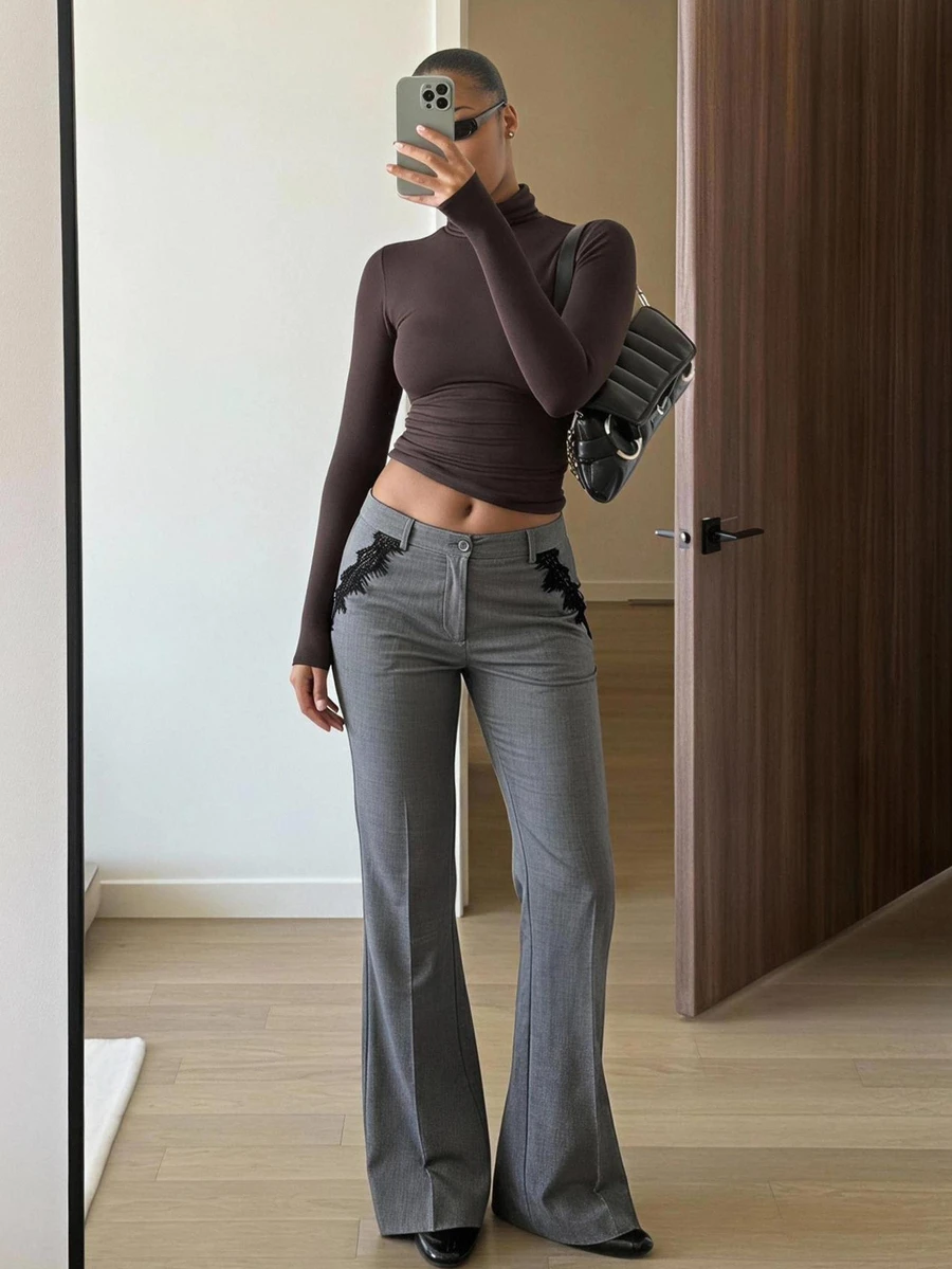 Siren Gaze New Lace Patchwork Commuter Trousers For Women - Grey - View 1