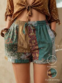 EMERY ROSE Pantalones cortos con cintura elástica y cordón estilo vintage con estampado botánico, adecuados para uso diario, ir al trabajo y vacaciones - Multicolor - Ver 1
