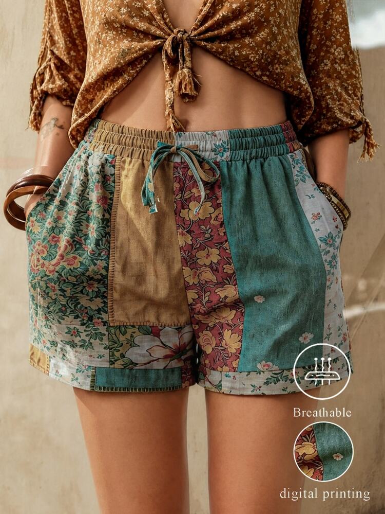 EMERY ROSE Vintage Botanical Print Elastic Waist Drawstring Shorts, Suitable For Daily, Commute And Vacation - Multicolor - View 1