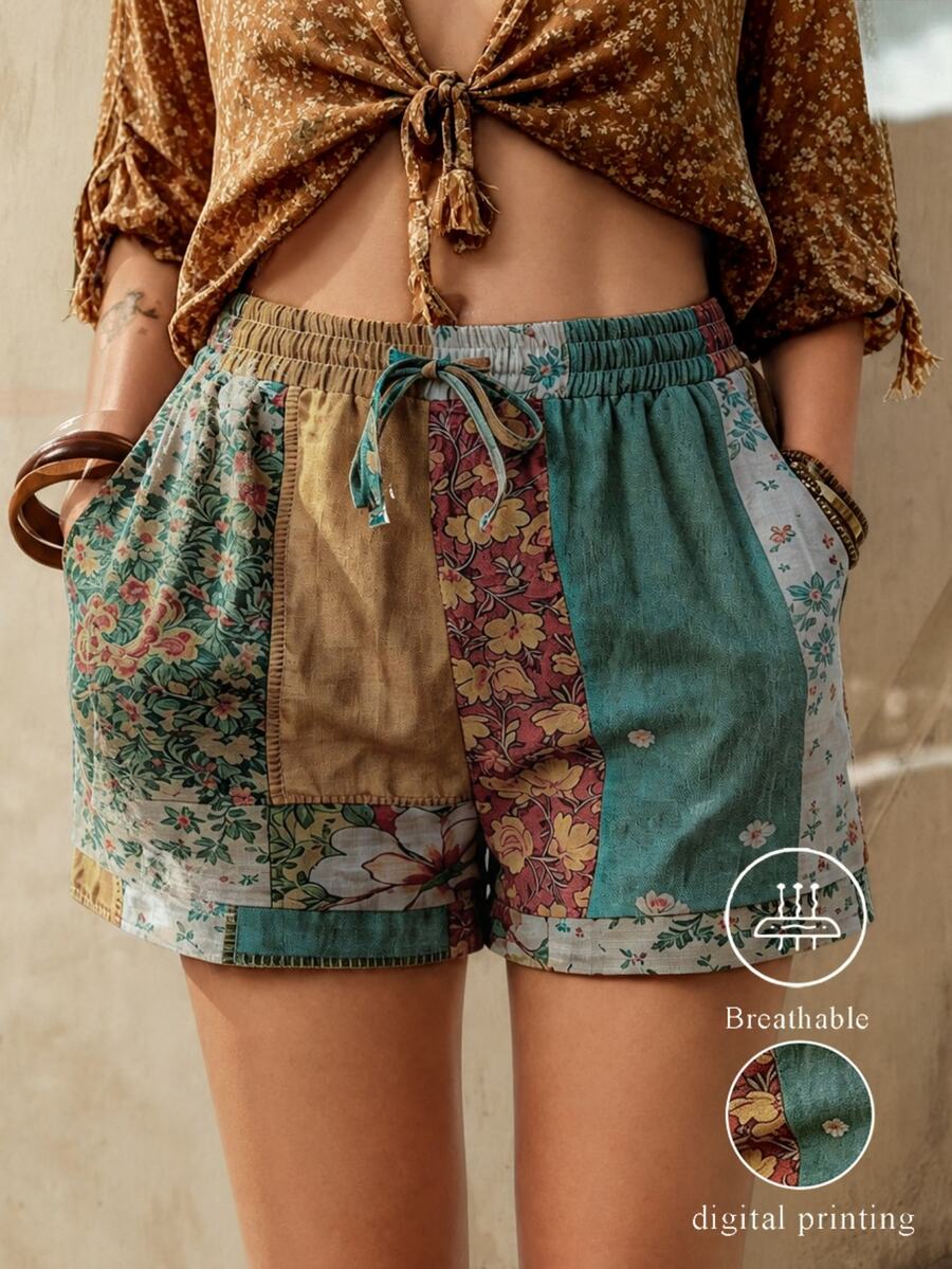 EMERY ROSE Pantalones cortos con cintura elástica y cordón estilo vintage con estampado botánico, adecuados para uso diario, ir al trabajo y vacaciones - Multicolor - Ver 1