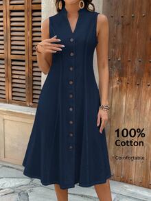 EMERY ROSE Women's Summer Geometric Pattern Print Round Neck Short-Sleeve Dress Navy Blue Dress Button Dress - Navy Blue - View 4