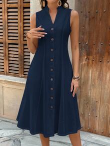 EMERY ROSE Women's Summer Geometric Pattern Print Round Neck Short-Sleeve Dress Navy Blue Dress Button Dress - Navy Blue - View 9