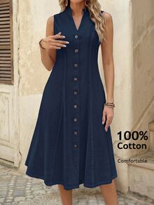 EMERY ROSE Women's Summer Geometric Pattern Print Round Neck Short-Sleeve Dress Navy Blue Dress Button Dress - Navy Blue - View 2