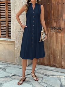 EMERY ROSE Women's Summer Geometric Pattern Print Round Neck Short-Sleeve Dress Navy Blue Dress Button Dress - Navy Blue - View 5