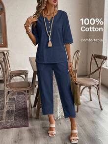 EMERY ROSE Women's Textured V-Neck Button Short Sleeve Shirt And Casual Cropped Pants Set, Navy Blue Summer Vacation Linen Outfits For Ladies Coords Vacation - Navy Blue - View 3