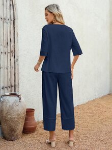 EMERY ROSE Women's Textured V-Neck Button Short Sleeve Shirt And Casual Cropped Pants Set, Navy Blue Summer Vacation Linen Outfits For Ladies Coords Vacation - Navy Blue - View 12