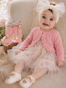 SHEIN Playful Pals 1pc Baby Girls Toddler Girl Shrug Cardigan Jacket Sweet Pink Ruffle Pointelle Knit Long Sleeve Round Neck Wedding Party Autumn Ballet Princess Wrap - Dusty Pink - View 8