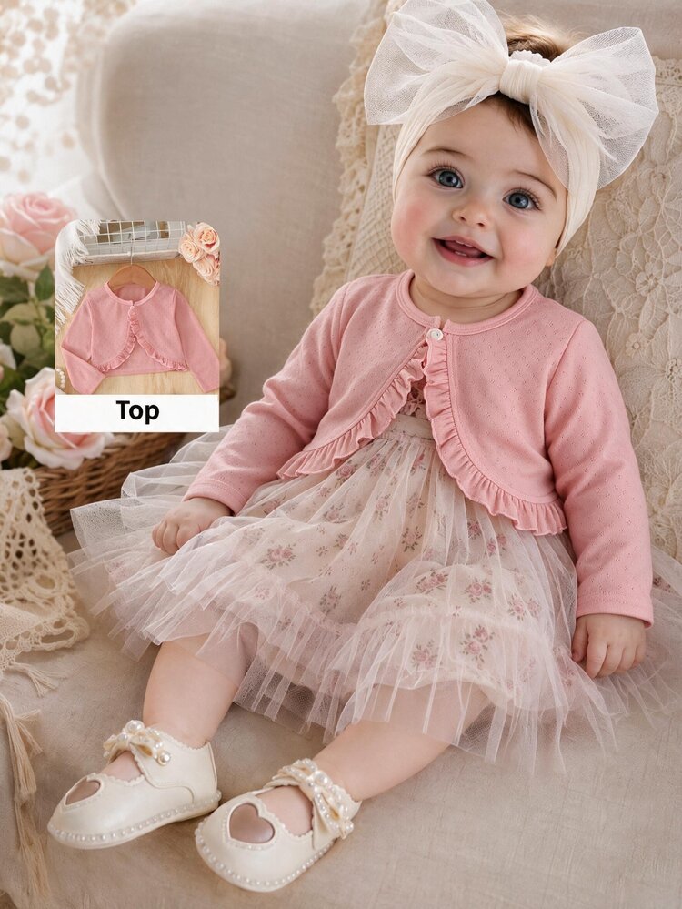 SHEIN Playful Pals 1pc Baby Girls Toddler Girl Shrug Cardigan Jacket Sweet Pink Ruffle Pointelle Knit Long Sleeve Round Neck Wedding Party Autumn Ballet Princess Wrap - Dusty Pink - View 1