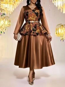 Fleurora Setelan 2 Potong Elegan untuk Wanita Ukuran Plus dengan Atasan Lengan Panjang Leher V Motif Jacquard dan Rok - MultiWarna - View 1