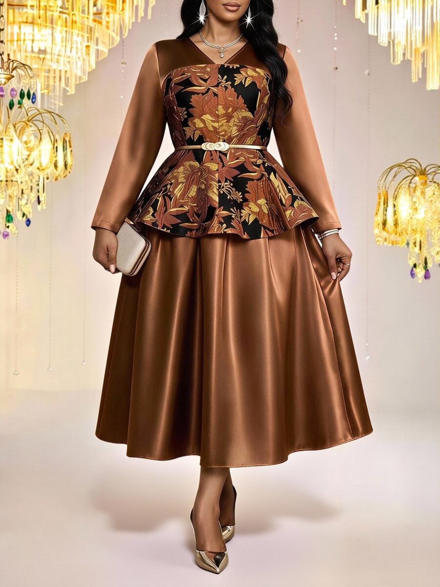 Fleurora Setelan 2 Potong Elegan untuk Wanita Ukuran Plus dengan Atasan Lengan Panjang Leher V Motif Jacquard dan Rok - MultiWarna - View 1