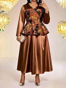 Fleurora Setelan 2 Potong Elegan untuk Wanita Ukuran Plus dengan Atasan Lengan Panjang Leher V Motif Jacquard dan Rok - MultiWarna - View 4