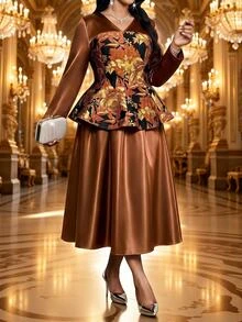 Fleurora Setelan 2 Potong Elegan untuk Wanita Ukuran Plus dengan Atasan Lengan Panjang Leher V Motif Jacquard dan Rok - MultiWarna - View 2