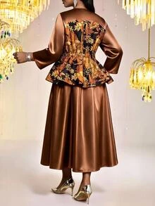 Fleurora Setelan 2 Potong Elegan untuk Wanita Ukuran Plus dengan Atasan Lengan Panjang Leher V Motif Jacquard dan Rok - MultiWarna - View 3