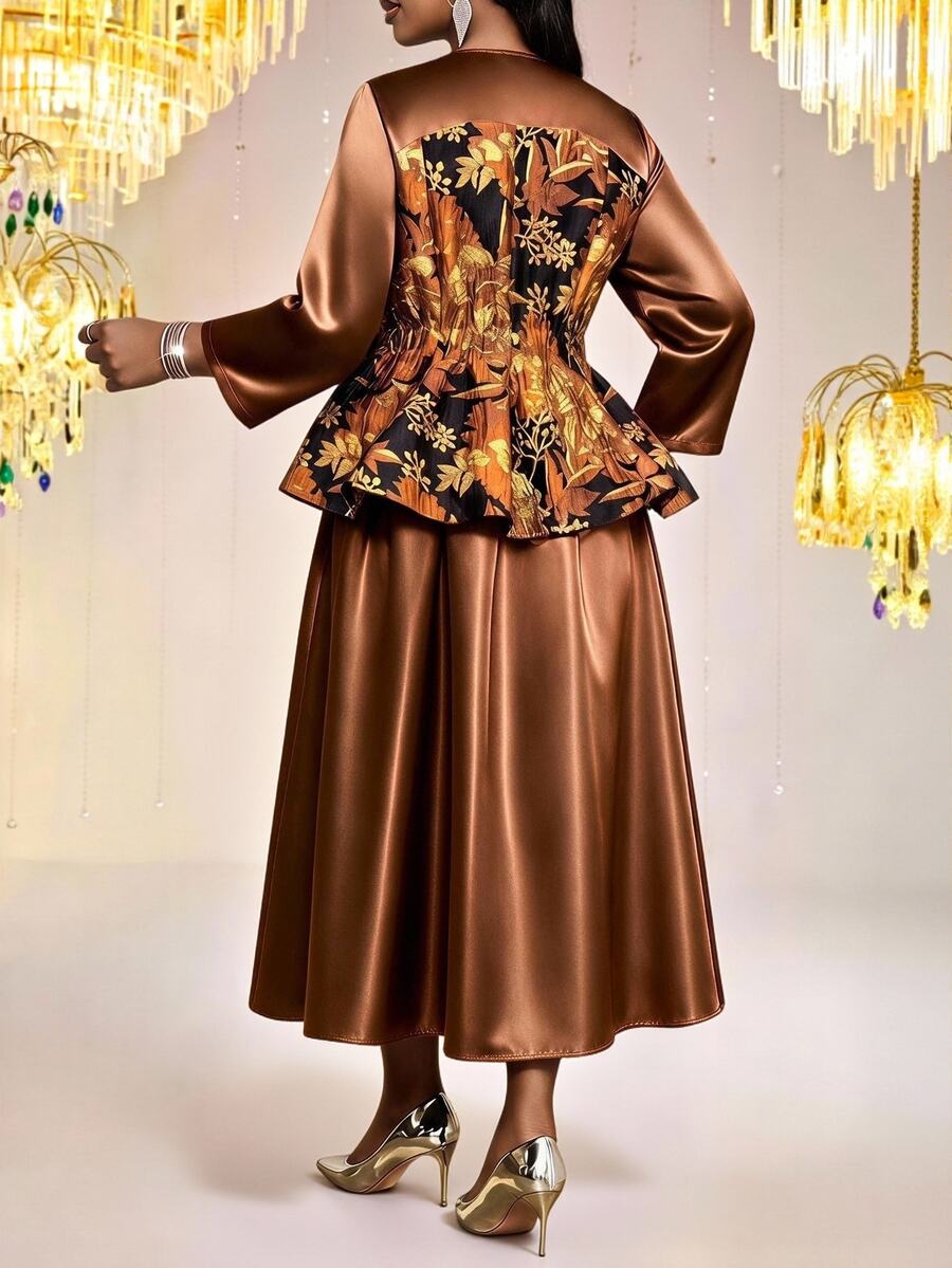 Fleurora Plus Size Women Jacquard V-Neck Long Sleeve Top And Skirt Elegant 2-Piece Set Fall - Multicolor - View 1