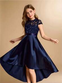 Lace & Satin Patchwork Asymmetrical Hem Midi Dress, High-End Formal Gown For Teens, Suitable For Wedding, Prom, Birthday Party, Christmas Autumn Fall - Navy Blue - View 3