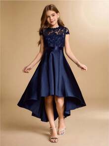 Lace & Satin Patchwork Asymmetrical Hem Midi Dress, High-End Formal Gown For Teens, Suitable For Wedding, Prom, Birthday Party, Christmas Autumn Fall - Navy Blue - View 6