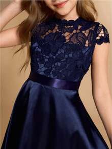 Lace & Satin Patchwork Asymmetrical Hem Midi Dress, High-End Formal Gown For Teens, Suitable For Wedding, Prom, Birthday Party, Christmas Autumn Fall - Navy Blue - View 4