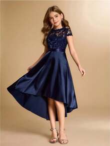 Lace & Satin Patchwork Asymmetrical Hem Midi Dress, High-End Formal Gown For Teens, Suitable For Wedding, Prom, Birthday Party, Christmas Autumn Fall - Navy Blue - View 7