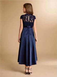 Lace & Satin Patchwork Asymmetrical Hem Midi Dress, High-End Formal Gown For Teens, Suitable For Wedding, Prom, Birthday Party, Christmas Autumn Fall - Navy Blue - View 6