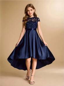 Lace & Satin Patchwork Asymmetrical Hem Midi Dress, High-End Formal Gown For Teens, Suitable For Wedding, Prom, Birthday Party, Christmas Autumn Fall - Navy Blue - View 4