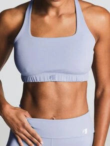 11SKNDS Strappy Crossback Sports Bra With Square Neck And Elastic Band Detail For Active Training With Sweat-Wicking, Stretchy, Breathable, Buttery-Soft, Low Impact Support & Removable Cups, For Gym Workout Fitness Yoga Pilates Studio, Running & Hy-Rox - Dusty Blue - View 6