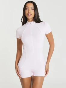 11SKNDS Short Sleeve Mock Neck Zip-Up Romper Jumpsuit With Open Back Cutout And Contrast Piping Seam Detail With Sweat-Wicking & Stretchy, For Gym Workout Fitness Yoga Pilates Studio, Running, Training & Hy-Rox - Pink - View 4