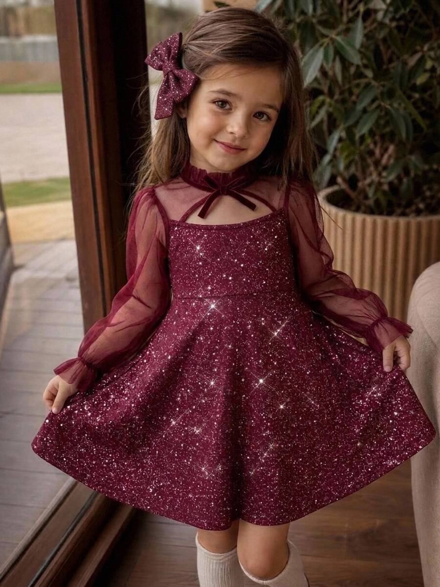 SHEIN Young Girl Knitted Patchwork Stand Collar Mesh Casual Dress - Red - View 1