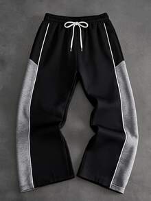 SHEIN Big Boys' Colorblock Side Stripe Sweatpants, Drawstring Elastic Waist Loose Straight Leg Athletic Pants - Black - View 1