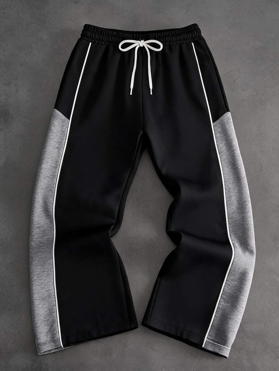 SHEIN Big Boys' Colorblock Side Stripe Sweatpants, Drawstring Elastic Waist Loose Straight Leg Athletic Pants - Black - View 1