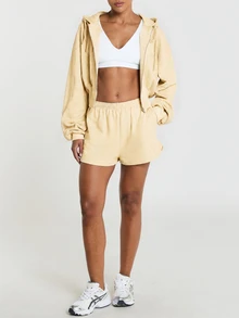 11SKNDS Casual High Rise Elasticated Waist Fleece Sweat Shorts With Tonal Logo Embroidery - Beige - View 4