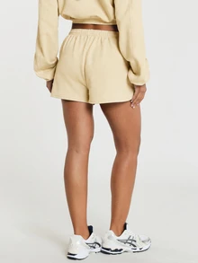 11SKNDS Casual High Rise Elasticated Waist Fleece Sweat Shorts With Tonal Logo Embroidery - Beige - View 3