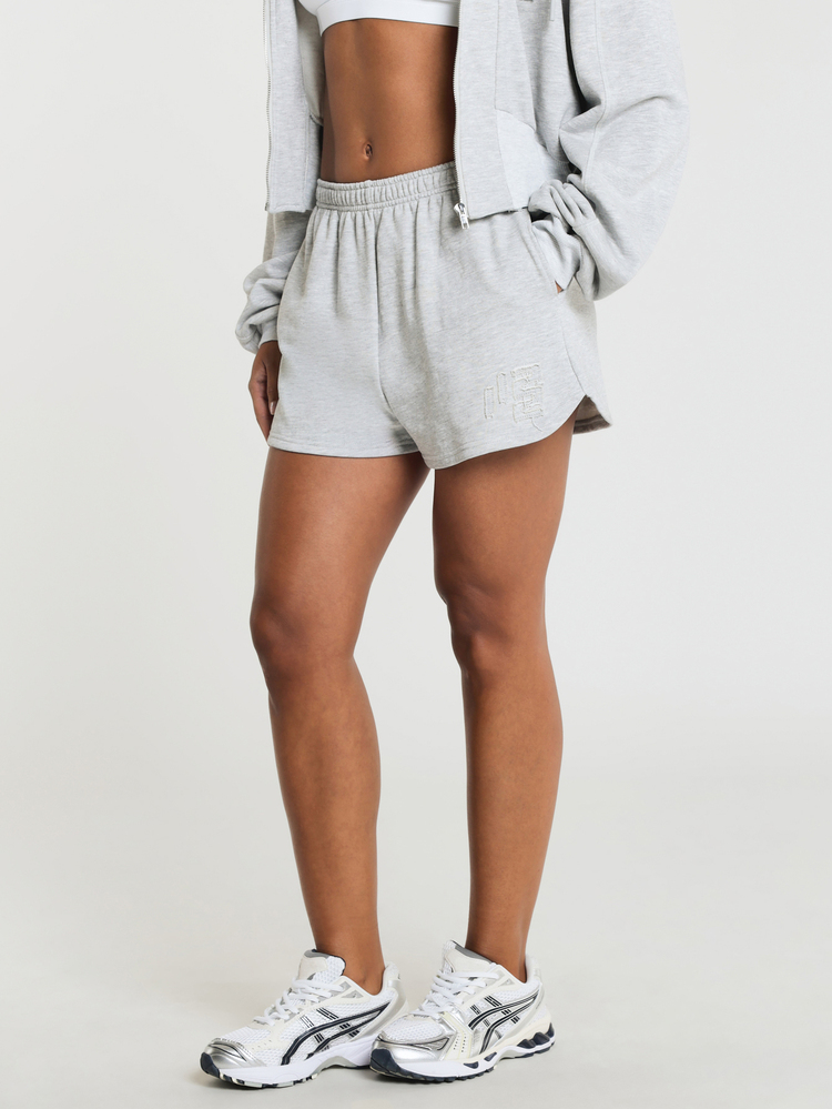 11SKNDS Fleece Sweat Shorts With Elastic Waistband And Tonal Embroidered Logo Detail Casual Everyday Mini Short In Heather Marl Fabric - Grey - View 4