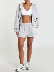 11SKNDS Celana Pendek Sweatshirt Fleece dengan Pinggang Elastis dan Detail Logo Bordir Senada, Celana Pendek Mini Kasual untuk Sehari-hari dalam Kain Heather Marl - Grey - View 6