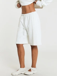 11SKNDS Oversized Longline Fleece Bermuda Shorts With Elastic Drawstring Waist Relaxed Wide Leg Sweat Shorts Casual Everyday Loungewear Spring Summer - Light Grey - View 4