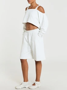 11SKNDS Oversized Longline Fleece Bermuda Shorts With Elastic Drawstring Waist Relaxed Wide Leg Sweat Shorts Casual Everyday Loungewear Spring Summer - Light Grey - View 6