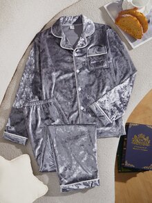 Solid Color Teenager Boy Pajamas, Simple Classic Grey Fleece Style With Pocket, English Embroidery, Long Sleeve Autumn And Winter - Grey - View 5