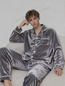 Solid Color Teenager Boy Pajamas, Simple Classic Grey Fleece Style With Pocket, English Embroidery, Long Sleeve Autumn And Winter - Grey - View 4