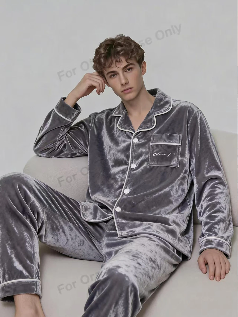 Solid Color Teenager Boy Pajamas, Simple Classic Grey Fleece Style With Pocket, English Embroidery, Long Sleeve Autumn And Winter - Grey - View 1