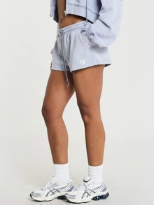 11SKNDS Fleece Mini Sweat Shorts With Elastic Drawstring Waist, Side Pockets, Logo Embroidery, Washed Casual Summer Everyday Lounge Wear - Dusty Blue - View 3