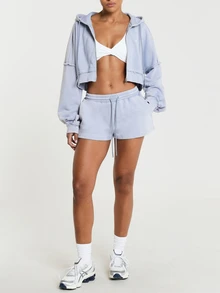 11SKNDS Fleece Mini Sweat Shorts With Elastic Drawstring Waist, Side Pockets, Logo Embroidery, Washed Casual Summer Everyday Lounge Wear - Dusty Blue - View 4